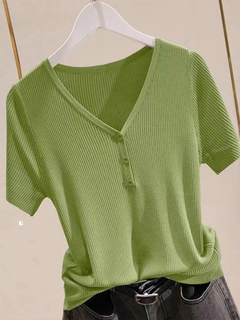 新款套头V领短袖t恤女夏针织衫显瘦显白韩版洋气宽松上衣D71612