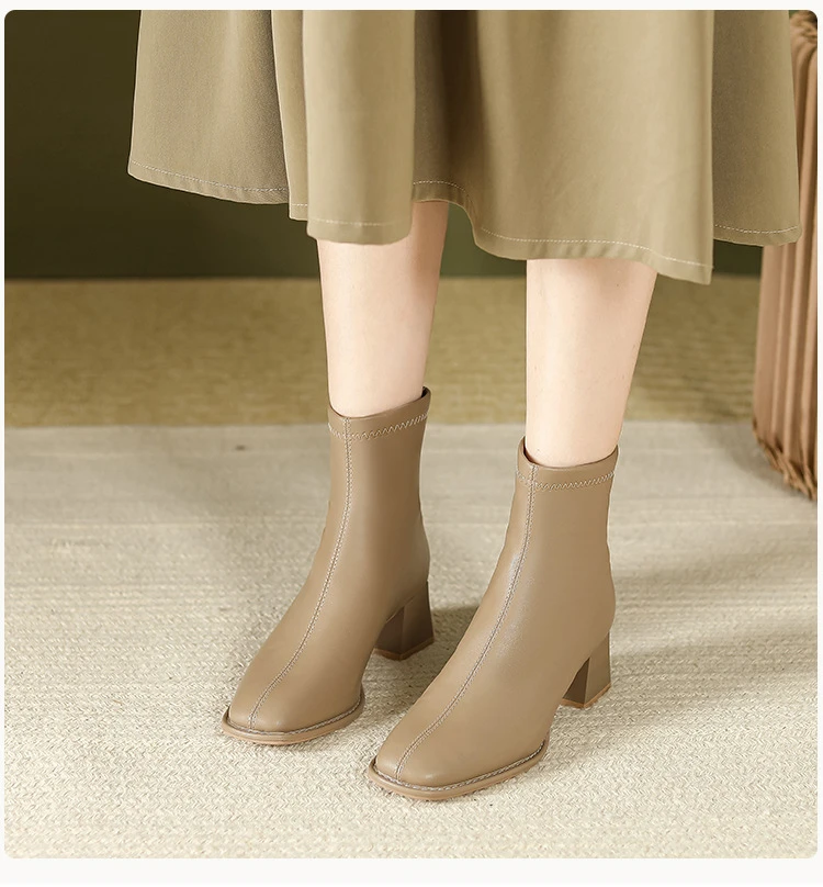 小个子定制】百搭轻奢风气质瘦瘦靴中筒粗跟通勤方头后拉链H935-13
