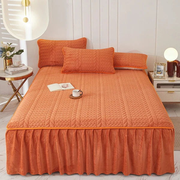 牛奶绒加厚夹棉床裙款三件套-阳光橙