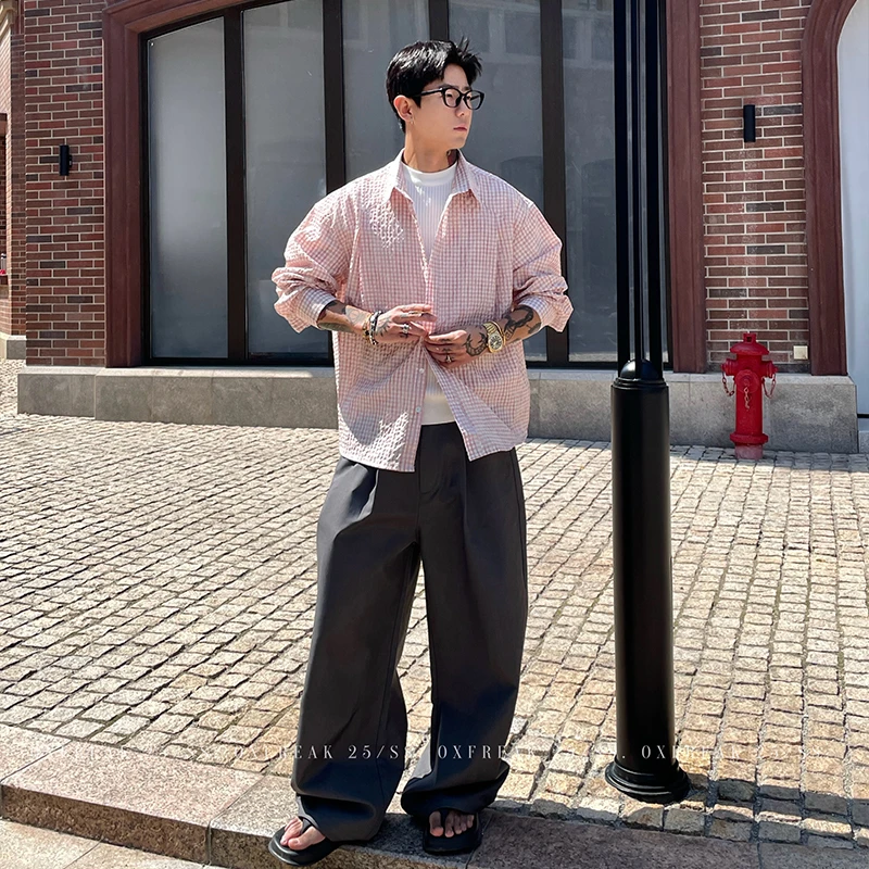 OXFREAK 「定番版型 色织格纹」粉色格子长袖衬衫男廓形育克衬衣