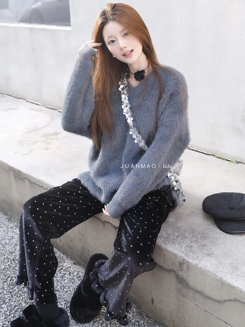 【花海】波点加绒长裤女秋冬厚款显高宽松休闲保暖裤子气质显瘦