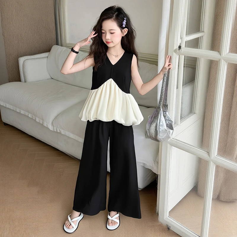 2025夏季新款女童中大童洋气V领无袖拼接上衣长裤套装法式套装潮