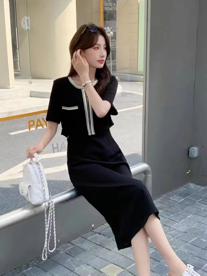 休闲风夏季见详情法式中连衣裙中长款气质裙子针织显瘦拼接