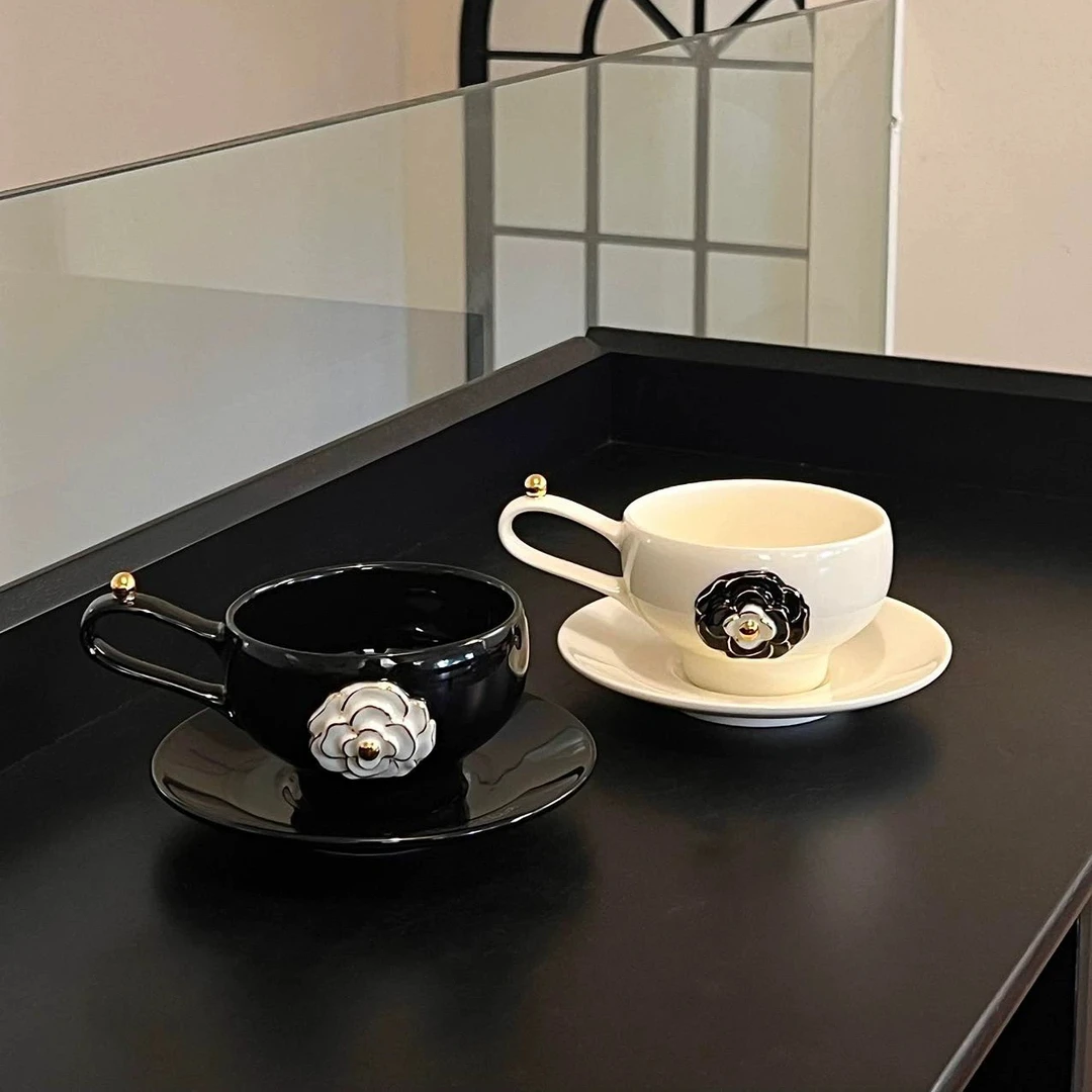 CJIANG浮雕山水杯茶花杯碟轻奢下午茶杯