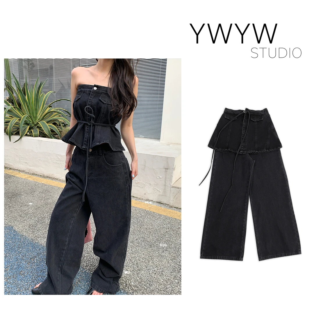 【YWYW25S/S】春季臀帘/可抹胸配饰+直筒阔腿水洗纯色牛仔裤3707