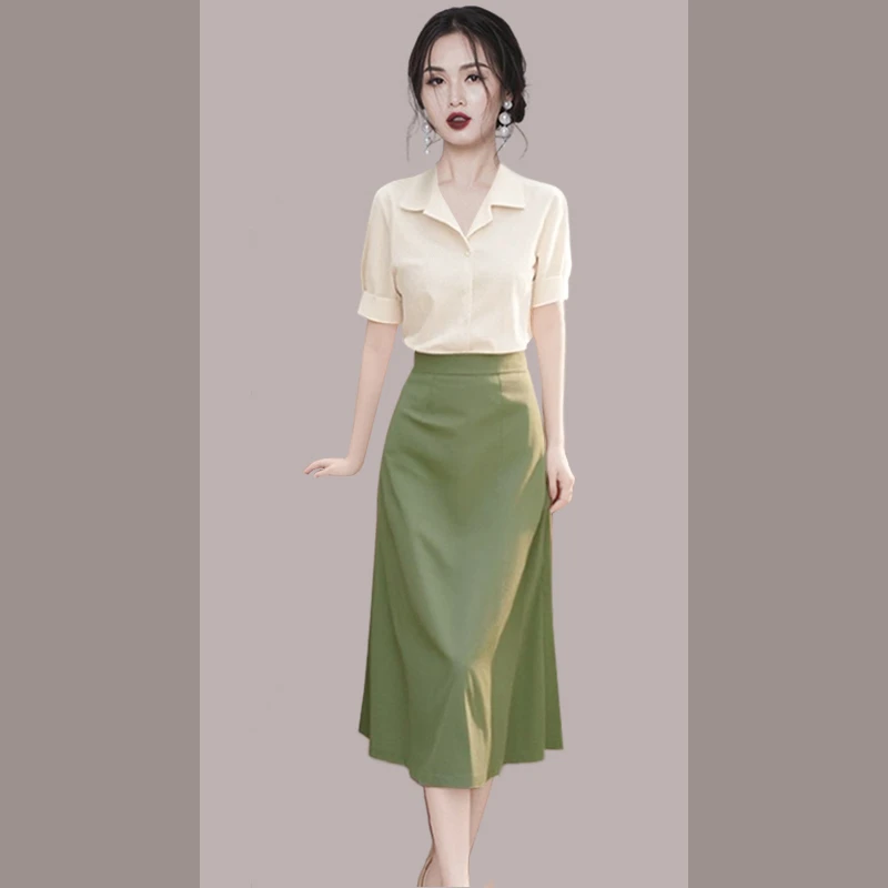 夏装上班通勤穿搭优雅女神范时尚高级感衬衫绿色半身裙两件套装女