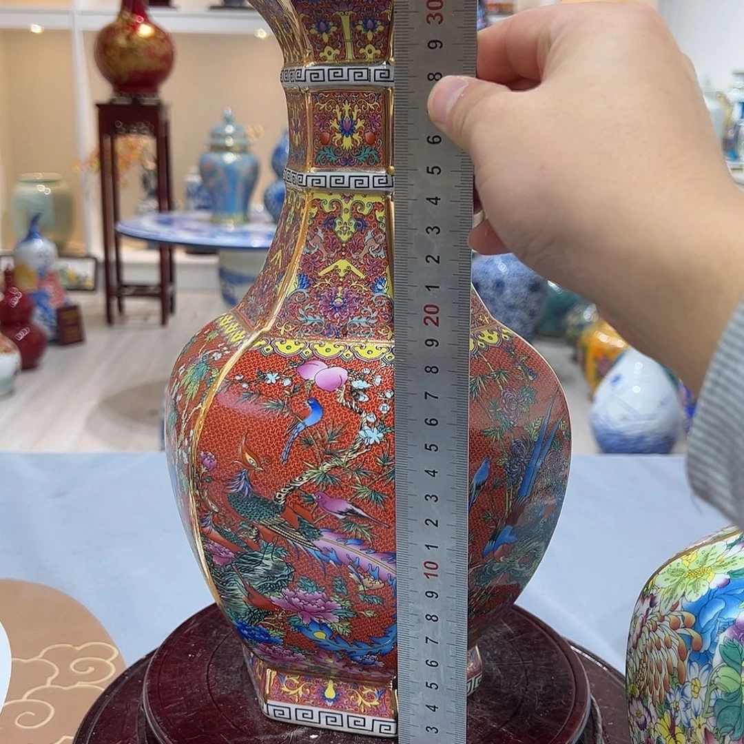 陶摆件33cm红六方瓶