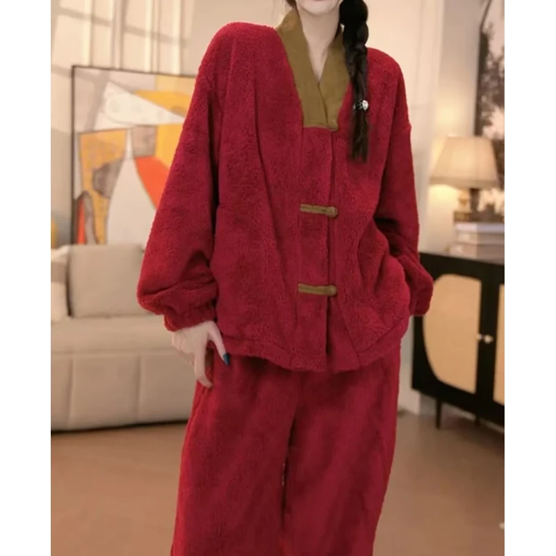 国风盘扣保暖睡衣冬季厚款法兰绒双面绒女装家居服套装