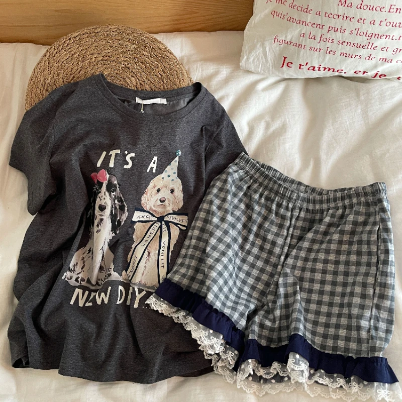 休闲宽松小狗短袖睡衣女夏季新款花边拼接格子短裤居家套装可外穿