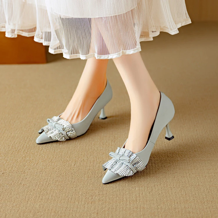 6.5cm~尖头水钻蝴蝶结浅口单鞋女秋2025新款气质高级不累脚高跟鞋