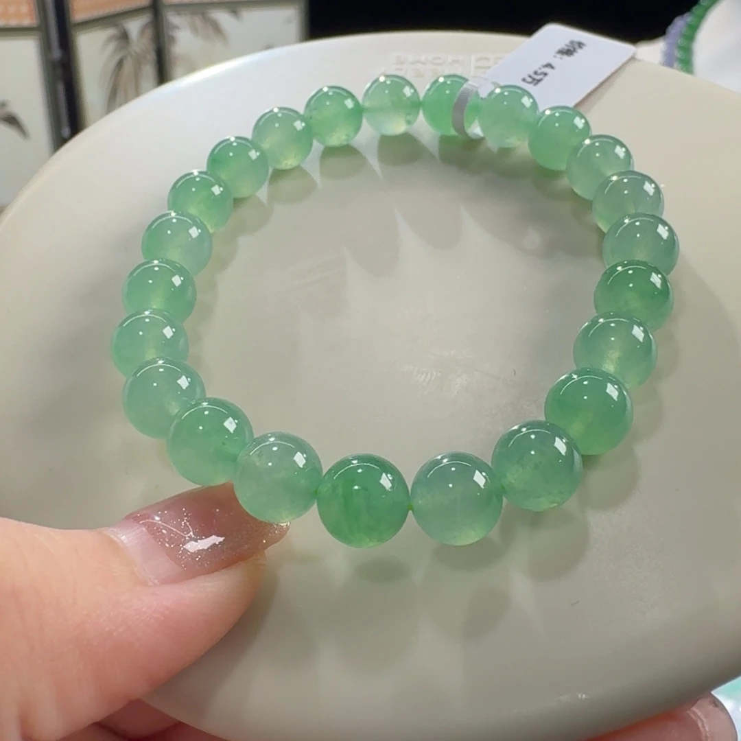 翡翠未镶嵌手链高冰葡萄绿串卡8 水汪汪！