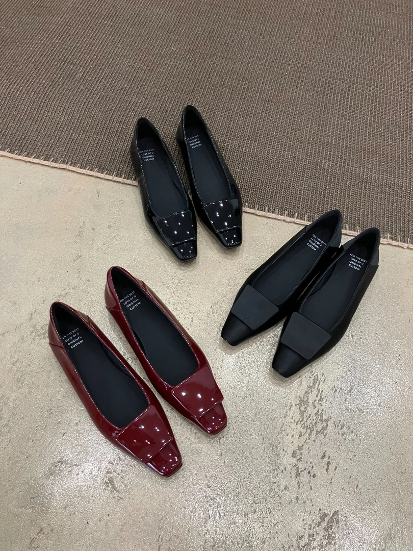 小众设计感气质小方头高跟浅口单鞋法式女秋冬百搭休闲通勤平底鞋