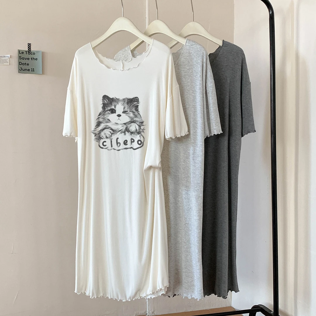 卡通可爱猫咪莫代尔睡裙女夏季新款波浪边短袖大码宽松舒适家居服