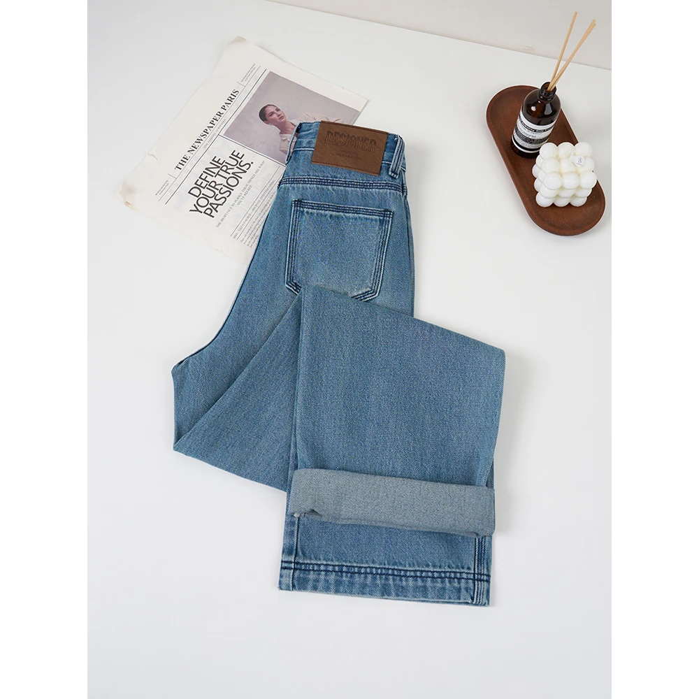 missrococo/洛可可小姐三本针垂感时尚中高腰窄版直筒牛仔裤女