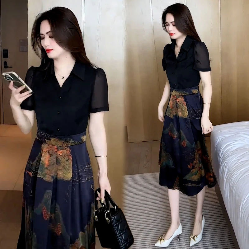 时尚假两件连衣裙女2025年夏季新款洋气质显瘦收腰遮肚子中长款裙