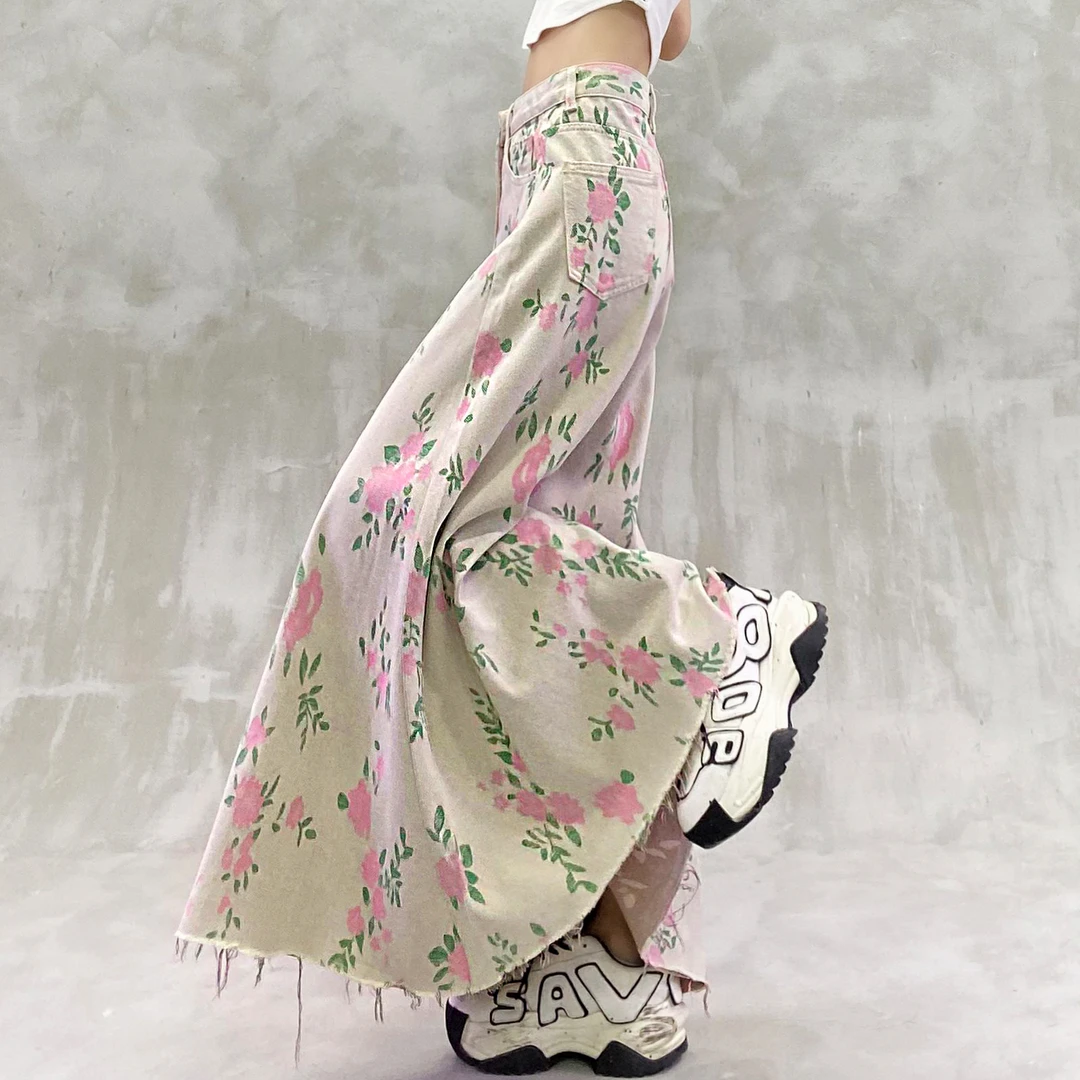 彩色花朵水洗休闲牛仔裙女夏新款高腰宽松显瘦百搭中长款半身裙子