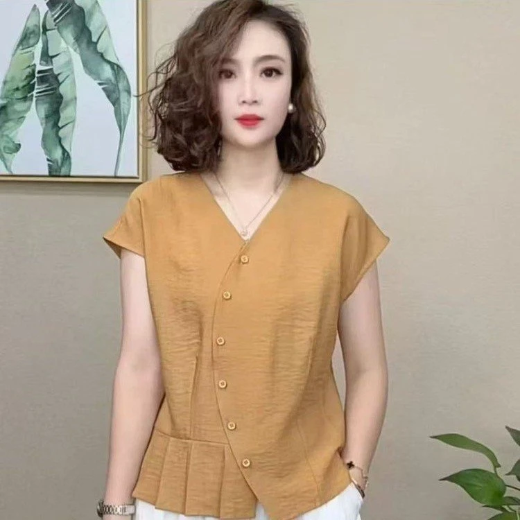 （新款短袖）短袖V领纯色少女风夏季减龄T恤夏季失序混搭风
