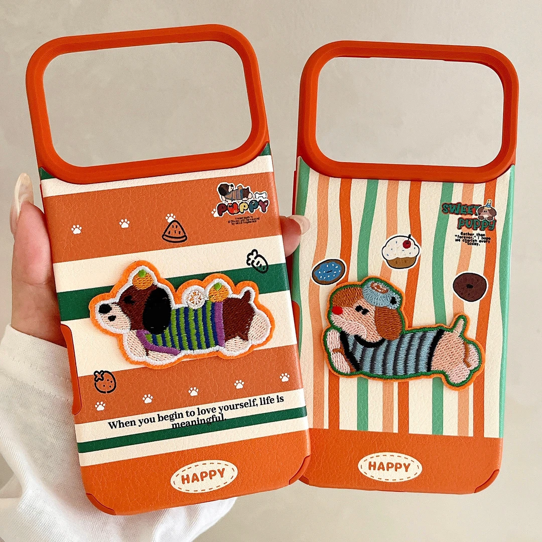 创意可爱橙色刺绣小狗手机壳适用华为17promax苹果15女带手绳16p