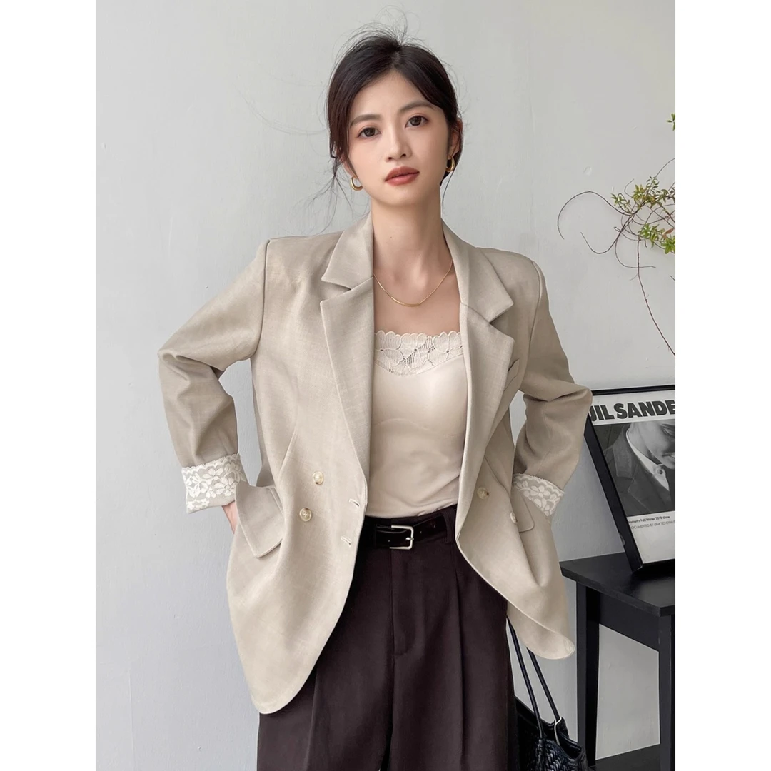 v领西装外套女2025新款秋季蕾丝拼接韩系气质宽松长袖上衣高级感