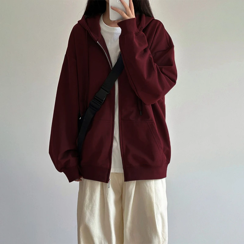 安可拉酒红色连帽卫衣女秋冬开衫外套高级感大码潮美式慵懒风上衣