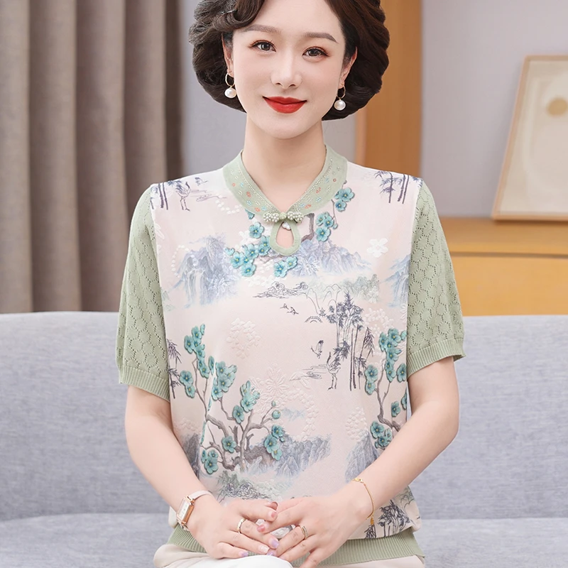 中老年人女夏季冰丝T恤小衫2025新中式妈妈夏装洋气国风短袖上衣