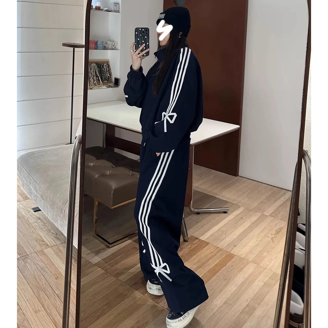 【慧雯儿微胖定制】春季新品韩系休闲运动蝴蝶结两件套装女