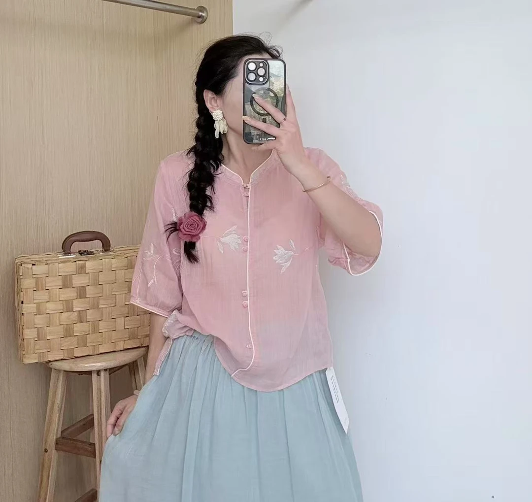 单排多扣刺绣休闲风衬衫袖衬衫宽松中国风绣花时尚