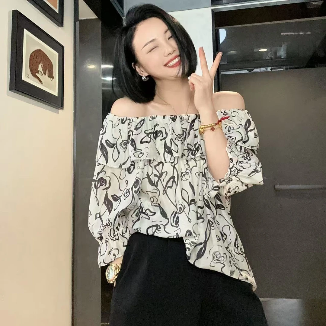 夏季艺术感涂鸦线条荷叶边可一字领短袖T恤5-4-11