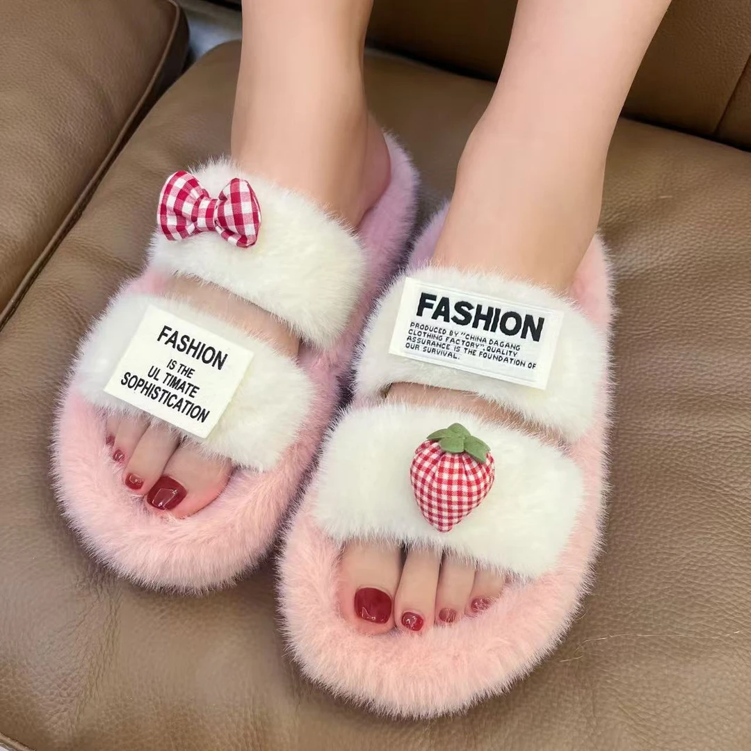 冬季松糕底卡通防滑一字拖秋冬厚底欧若精灵风百搭亲肤柔软毛拖