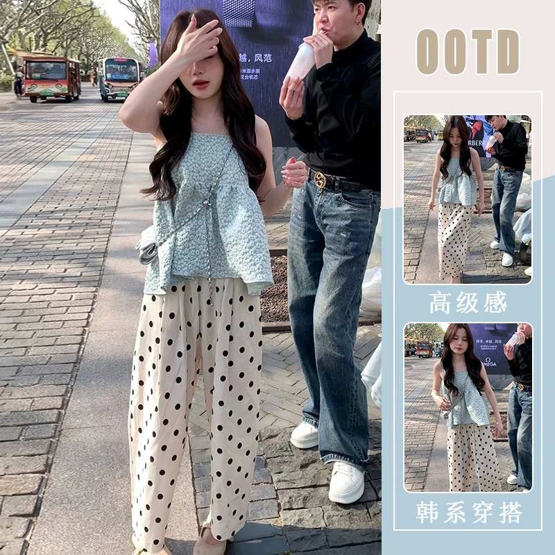 独特别致套装女夏季新款设计感后绑带上衣波点休闲裤子减龄两件套
