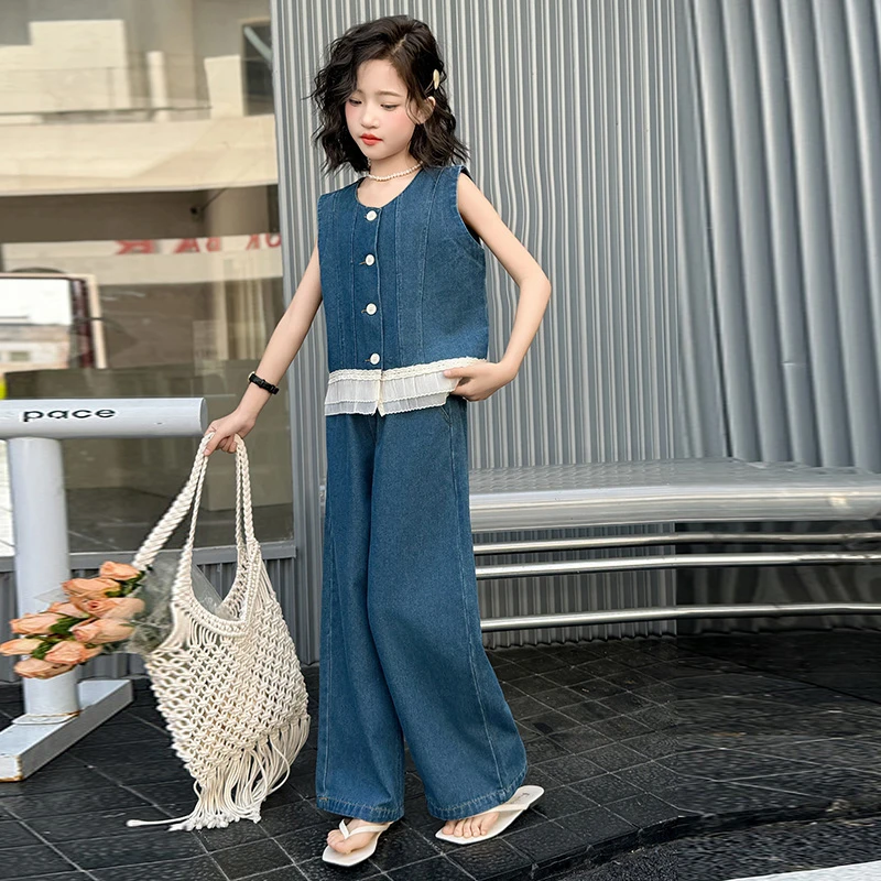 女童牛仔花边套装儿童显瘦洋气阔腿裤中大童无袖宽松韩版夏季潮