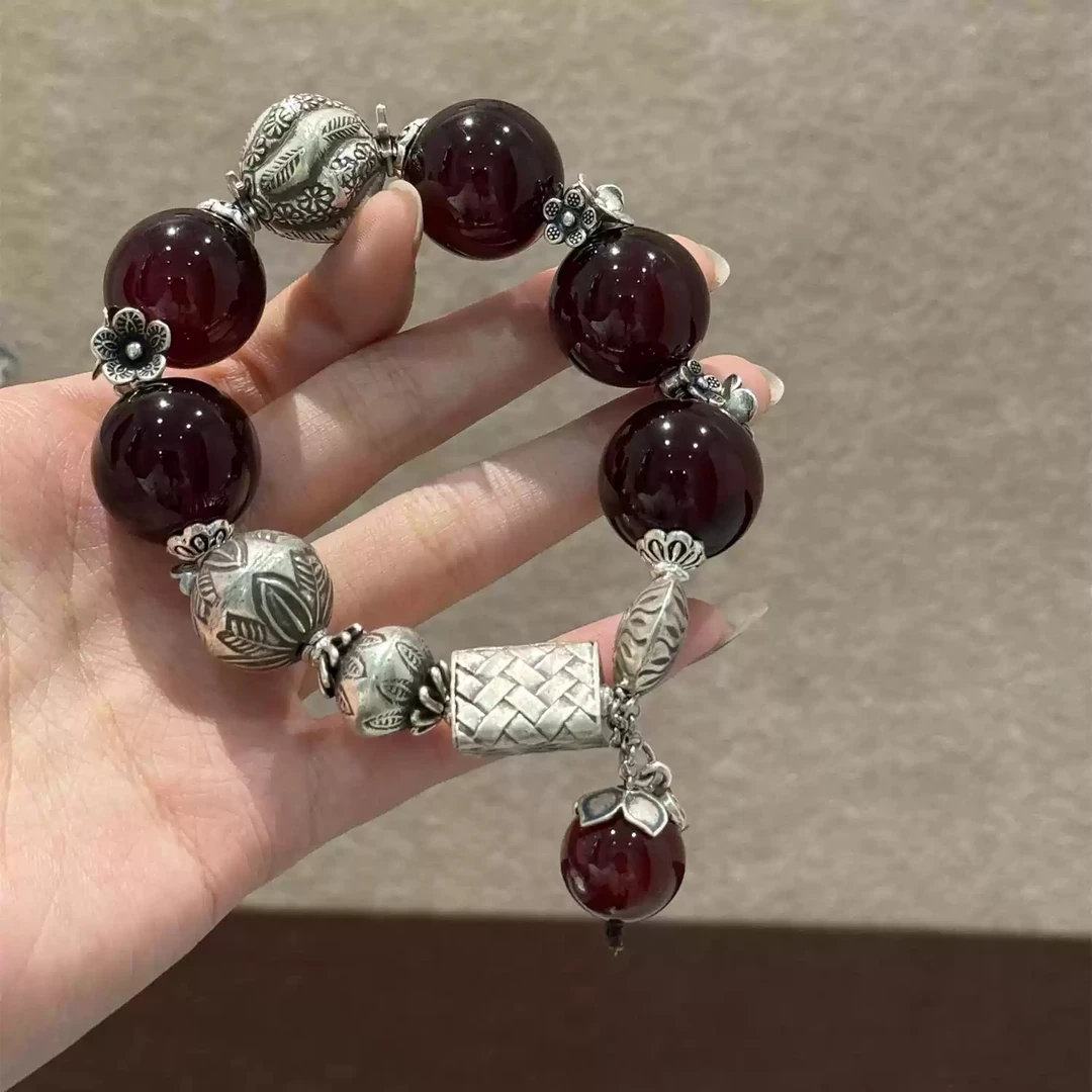 s09607<非晚1>s925银 玛瑙圆珠扭纹瓜珠太阳纹小爱心吊坠弹力手串