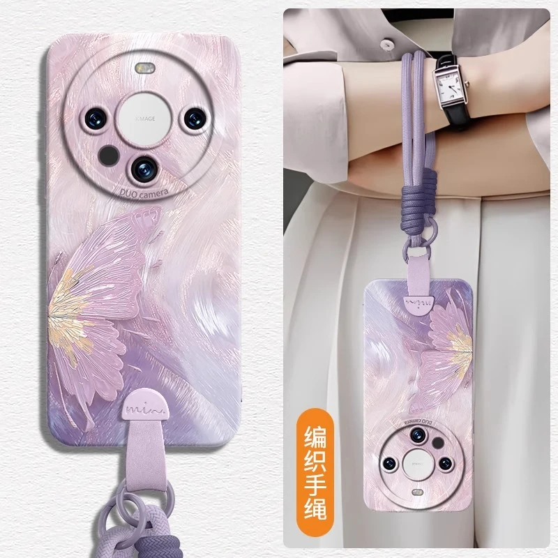 鎏金蝴蝶适用华为mate70手机壳pura70新款mate60斜跨p60挂绳轻奢