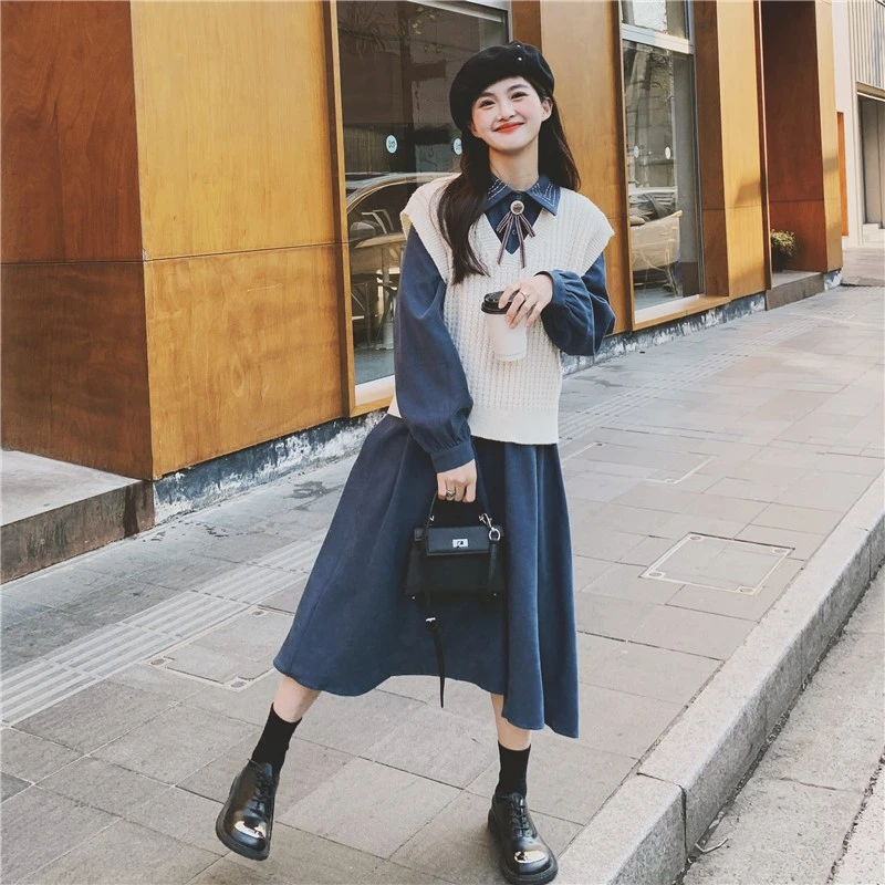 冷淡风套装马甲连衣裙2025年新款春秋减龄小个子气质衬衫裙两件套