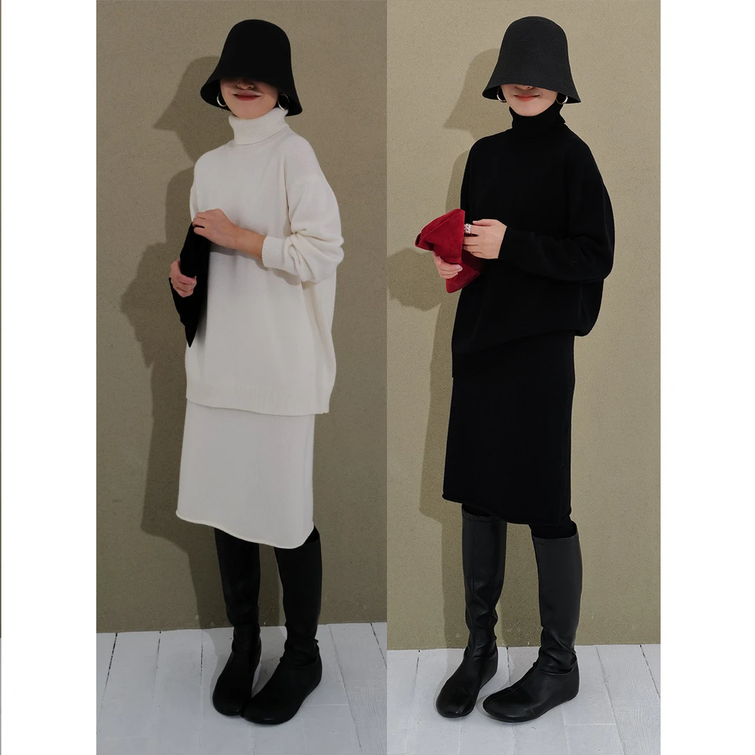 巴素兰超细美丽诺羊毛 黑白色女款高领针织衫205404半身裙207200