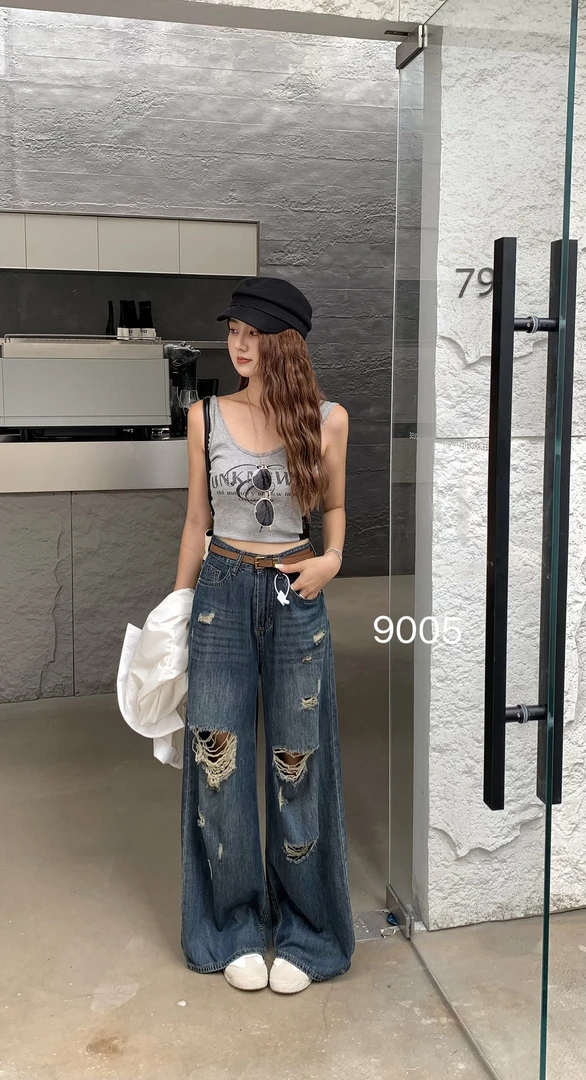 破洞夏季痞帅风薄款磨破设计感高街女牛仔裤阔腿拖地裤美式高腰