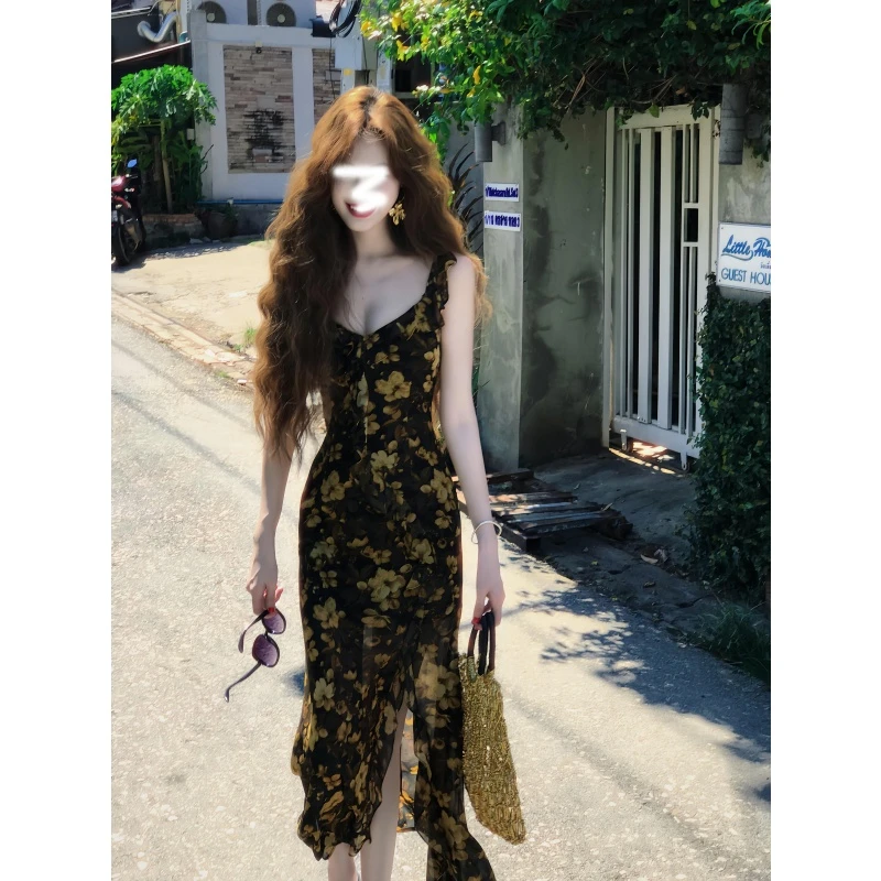 MARIE.COCO法式复古气质碎花荷叶边设计感连衣裙女吊带中长款裙子