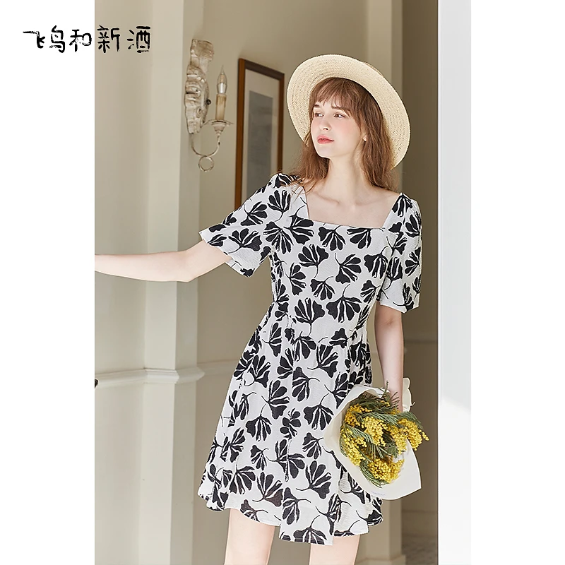 【大默专属】飞鸟和新酒短袖连衣裙女纯棉中长款显瘦印花淑女裙1895