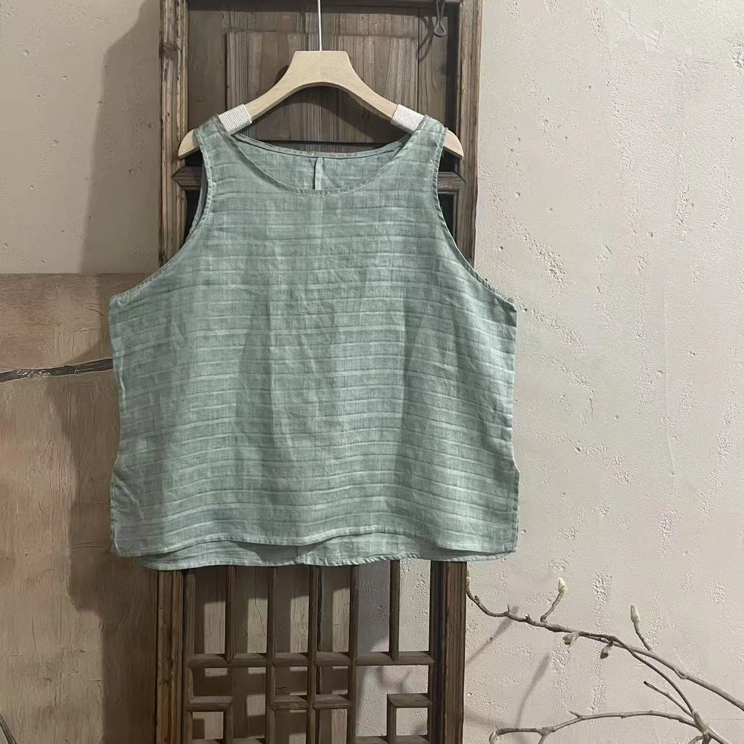 MX830-1苎麻衣长62公分夏季透气背心做旧宽松格子圆领直下摆
