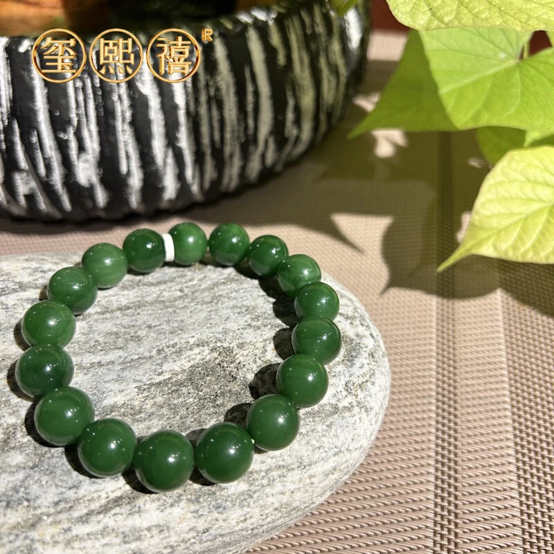 天然和田玉俄碧玉手串高货12mm菠菜绿色辣无黑点
