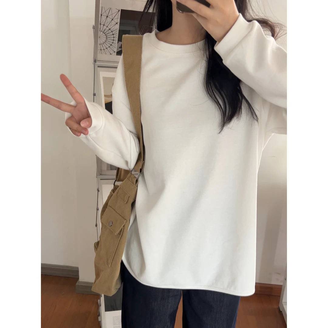 【BINLIN】韩版宽松显瘦百搭圆领长袖纯色休闲春秋打底衫卫衣T 1217