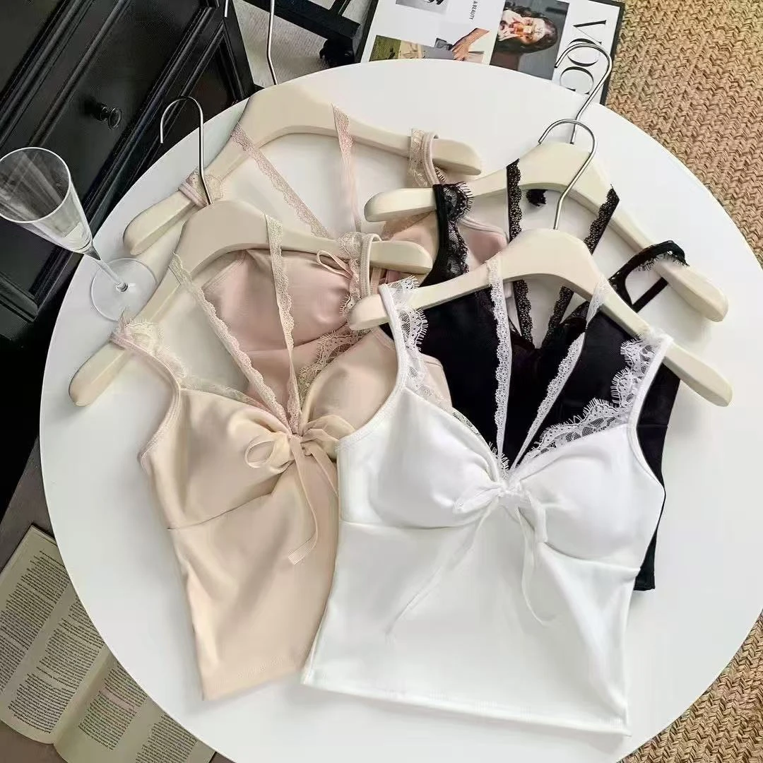 纯欲风蕾丝边绑带抽褶吊带小背心女装秋冬季紧身性感内搭打底上衣