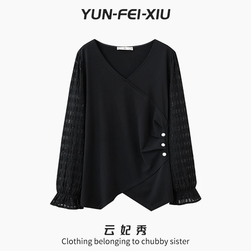 云妃秀T恤时尚休闲微胖宽松显瘦减龄v领气质百搭秋12911