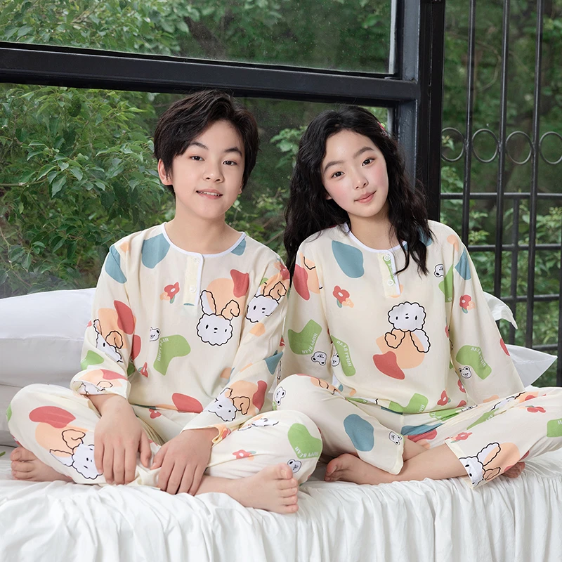 夏季男童女童家居空调服宝宝小孩夏天薄款男孩长袖儿童棉绸睡衣