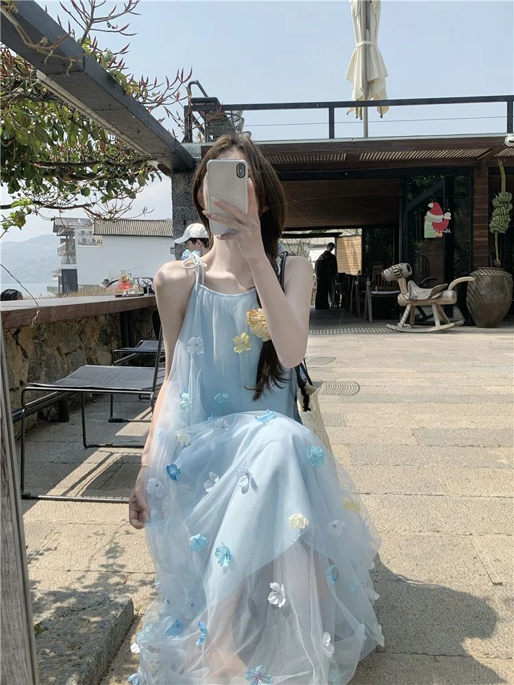 法式小众独特连衣裙夏季海边度假森系甜妹碎花裙慵懒宽松长裙子