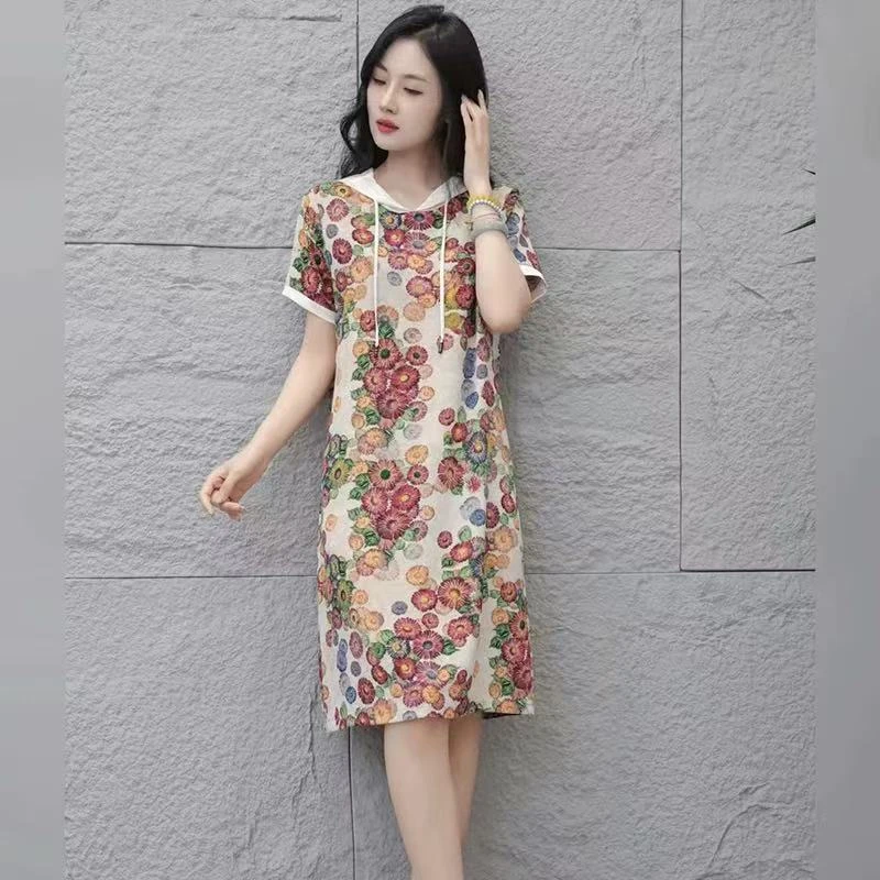 9701-妈妈夏季新款印花时尚连衣裙女装宽松大码减龄优雅裙子