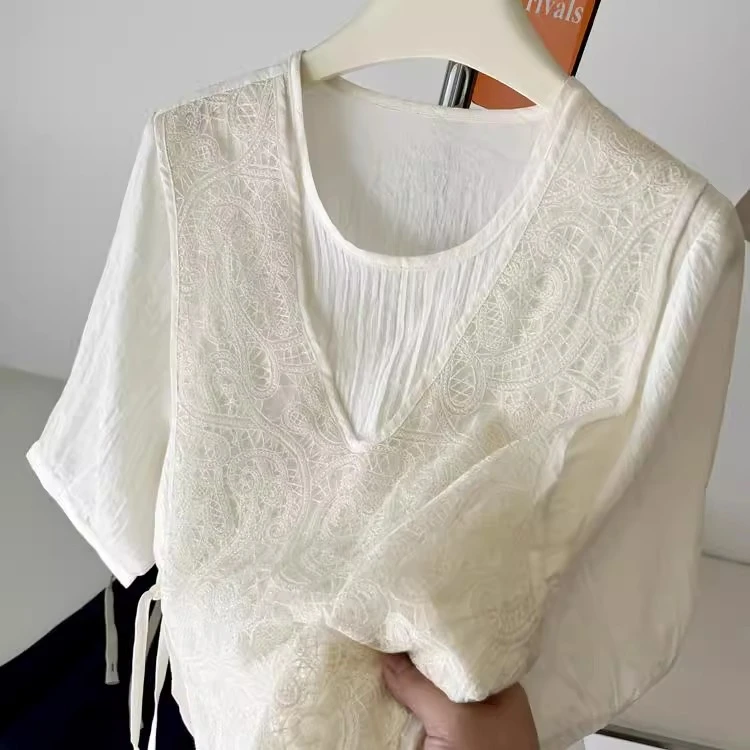 独特漂亮假两件蕾丝短袖衬衫女2025新款洋气宽松罩衫小衫甜美上衣
