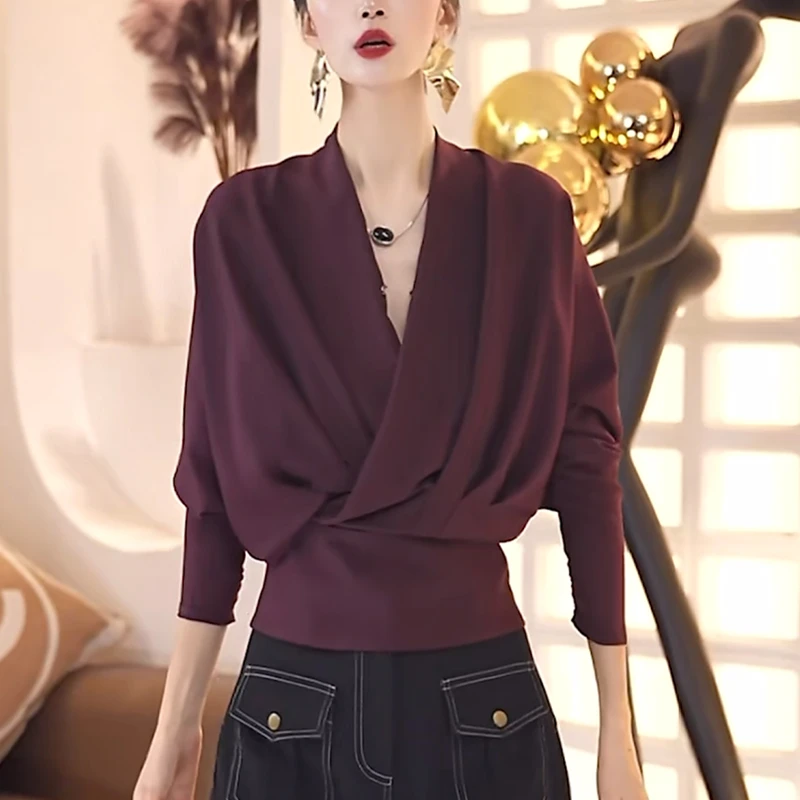 薄款紫色v领衬衫女2025秋季高级感洋气减龄大码显瘦气质长袖上衣
