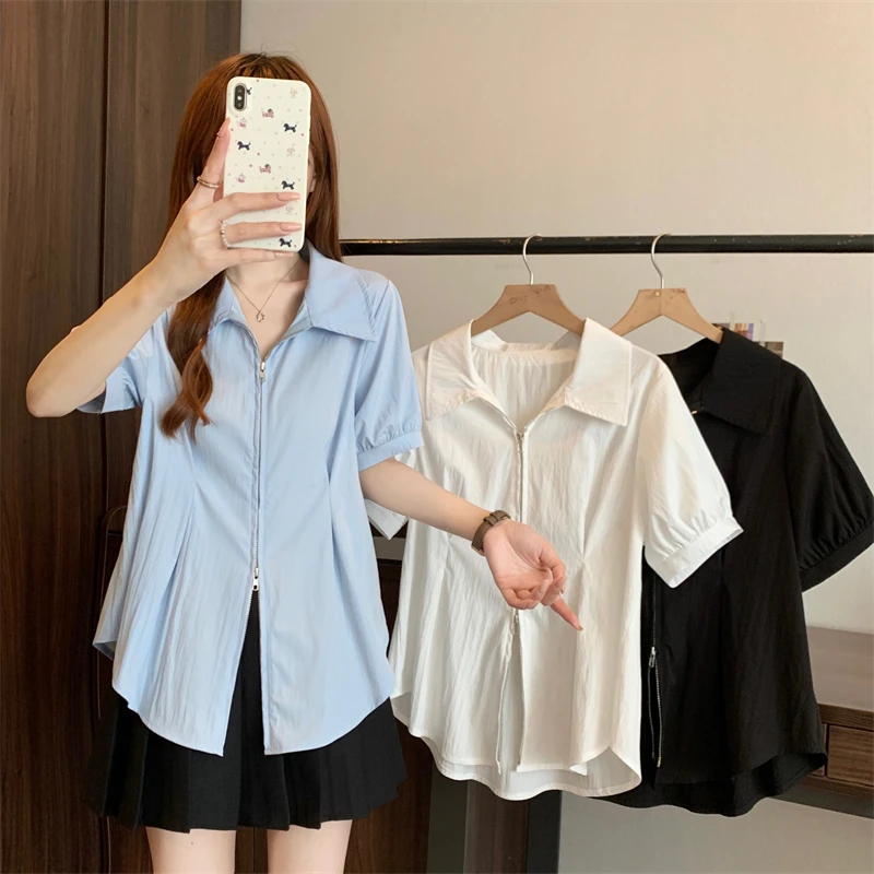 大码女装2025夏季新款开叉显瘦时尚Polo领短袖衬衫