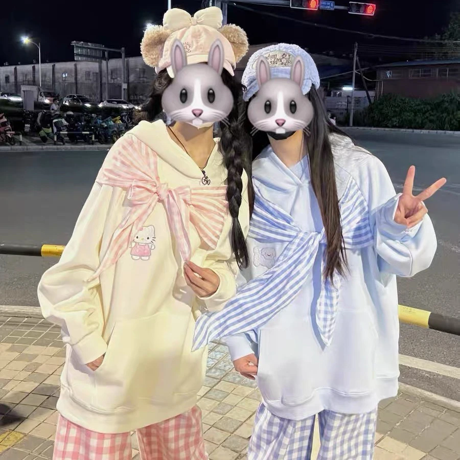 纯棉甜美kt猫蝴蝶结绑带连帽卫衣女国潮牌美式刺绣设计感宽松外套